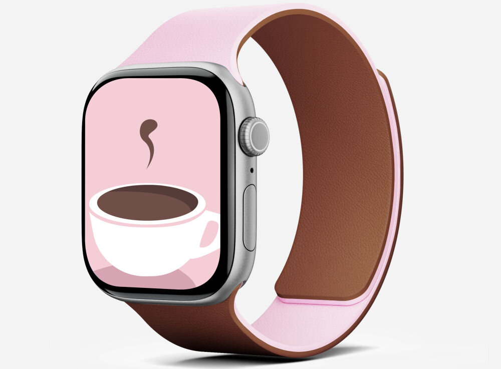 Różowy pasek do zegarka Apple Watch z wyświetlaczem przedstawiającym filiżankę kawy na różowym tle. Pasek ma brązową wewnętrzną stronę.