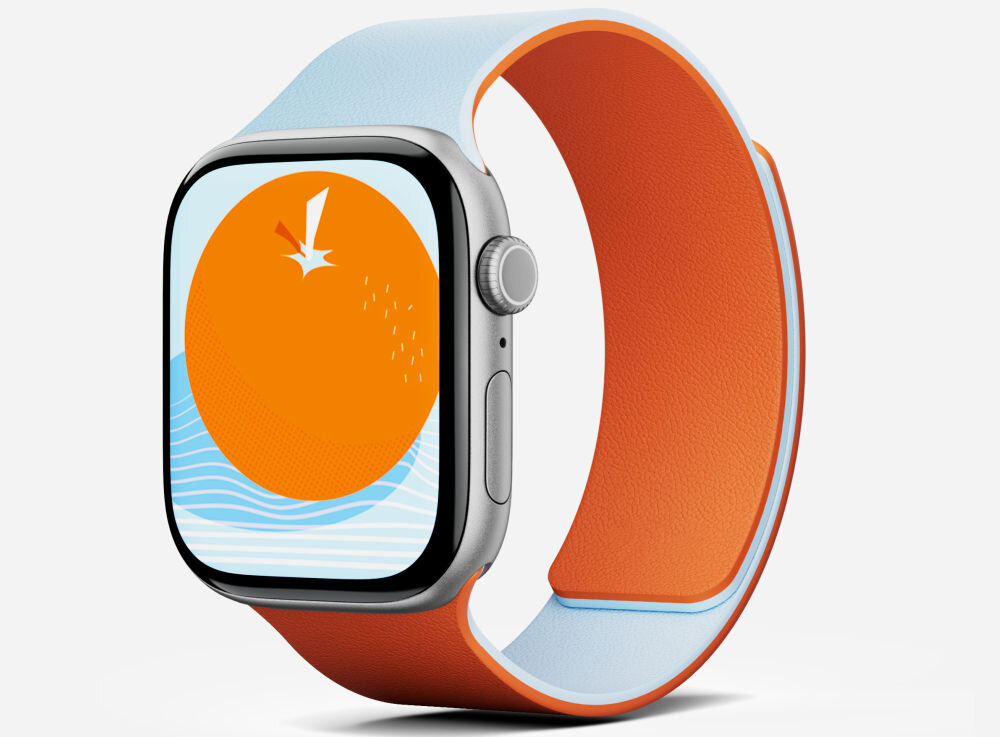 Smartwatch z pomarańczowym i niebieskim paskiem, na ekranie widoczna jest grafika z pomarańczowym kołem i niebieskimi falami.