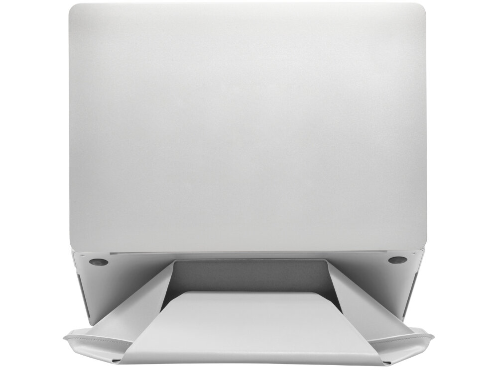 Na obrazie widoczna jest szara torba na laptopa, która jest otwarta i ustawiona w pozycji stojącej. Torba ma minimalistyczny design i jest przeznaczona na laptopa o przekątnej 13 cali.