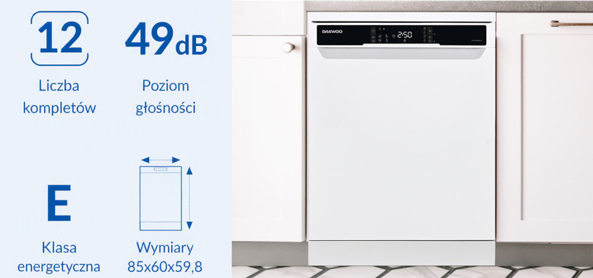 ZMYWARKA DAEWOO DFFA1DW49E40-EE Zmywarka Daewoo z oznaczeniem pojemności 12 kompletów, poziomu hałasu 49 dB i klasy energetycznej E. Grafika prezentuje podstawowe parametry urządzenia pojemność 12 kompletów głośność 49 dB klasa energetyczna E komfort użytkowania