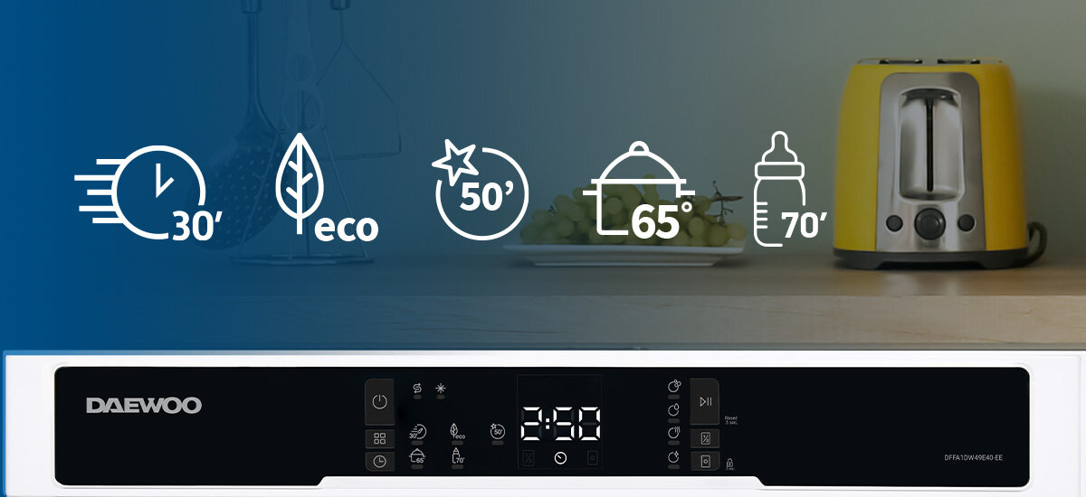 ZMYWARKA DAEWOO DFFA1DW49E40-EE Panel sterowania zmywarki z dostępnymi programami mycia, m.in. Eco, Quick 30' i Hygiene 70°C. Czytelny wyświetlacz ułatwia wybór ustawień 5 programów zmywania program intensywny Hygiene Wash szybki program 30 minut codzienne mycie