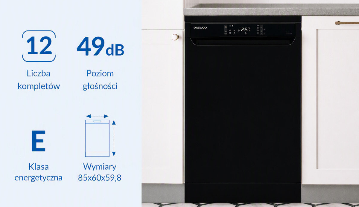 ZMYWARKA DAEWOO DFFA1DB49E40-EE Zmywarka Daewoo z oznaczeniem pojemności 12 kompletów, poziomu hałasu 49 dB i klasy energetycznej E. Grafika prezentuje podstawowe parametry urządzenia pojemność 12 kompletów głośność 49 dB klasa energetyczna E komfort użytkowania