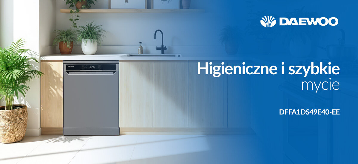 ZMYWARKA DAEWOO DFFA1DS49E40-EE Zmywarka Daewoo w zabudowie kuchennej z hasłem „Higieniczne i szybkie mycie”. Prezentacja modelu DFFA1DS49E40-EE