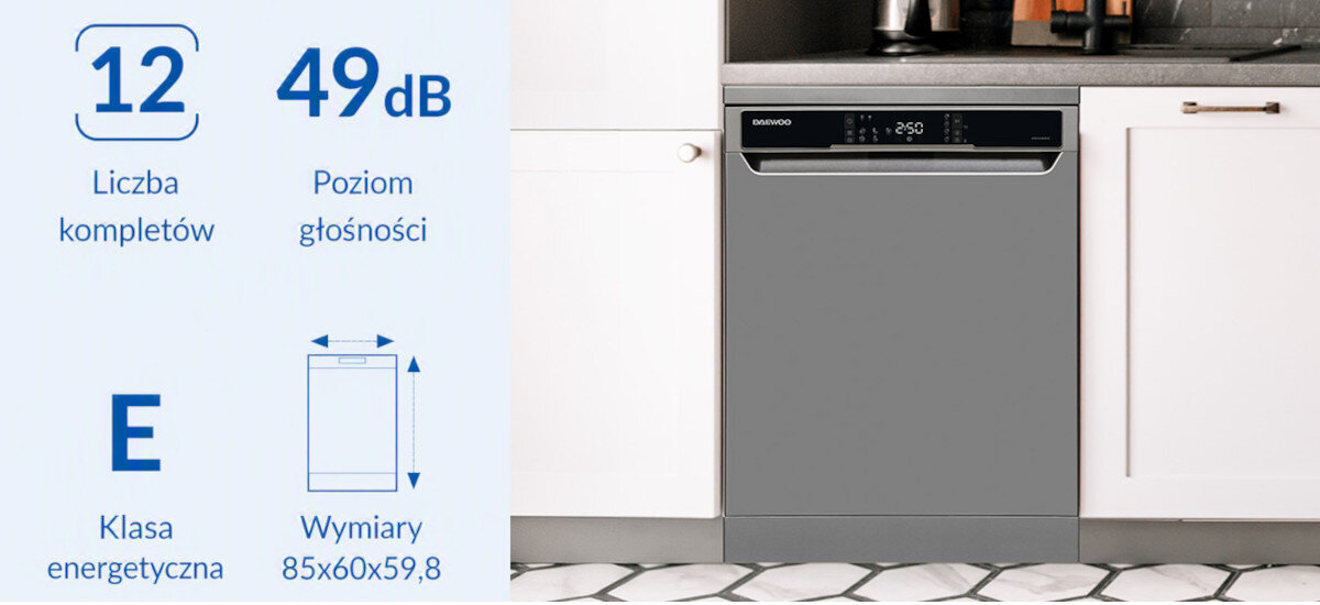 ZMYWARKA DAEWOO DFFA1DS49E40-EE Zmywarka Daewoo z oznaczeniem pojemności 12 kompletów, poziomu hałasu 49 dB i klasy energetycznej E. Grafika prezentuje podstawowe parametry urządzenia pojemność 12 kompletów głośność 49 dB klasa energetyczna E komfort użytkowania