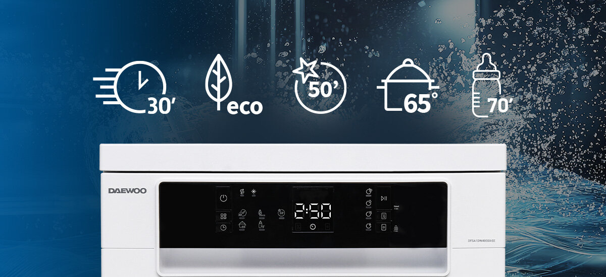 ZMYWARKA DAEWOO DFSA1DW49E00-EE Panel sterowania zmywarki Daewoo z ikonami programów, m.in. ECO, Quick 30' i Hygiene 70°C. Czytelny wyświetlacz ułatwia obsługę urządzenia 5 programów zmywania Quick 30 Eco Super 50 Intensive 65°C Hygiene 70°C