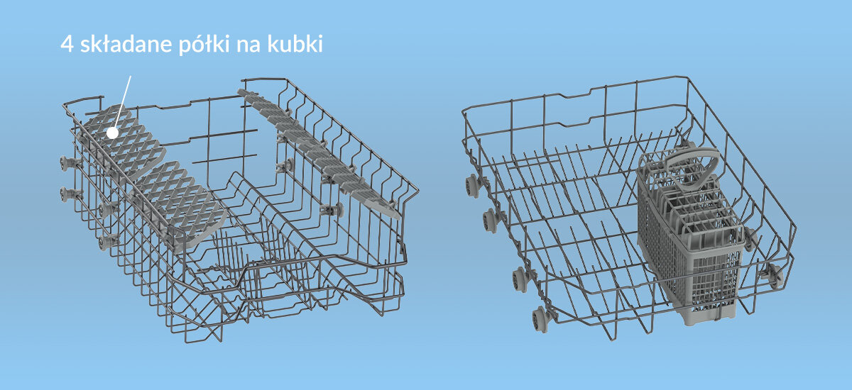 ZMYWARKA DAEWOO DFSA1DW49E00-EE Kosze zmywarki wyposażono w składane półki na kubki oraz koszyk na sztućce. Ułatwia to organizację naczyń we wnętrzu
