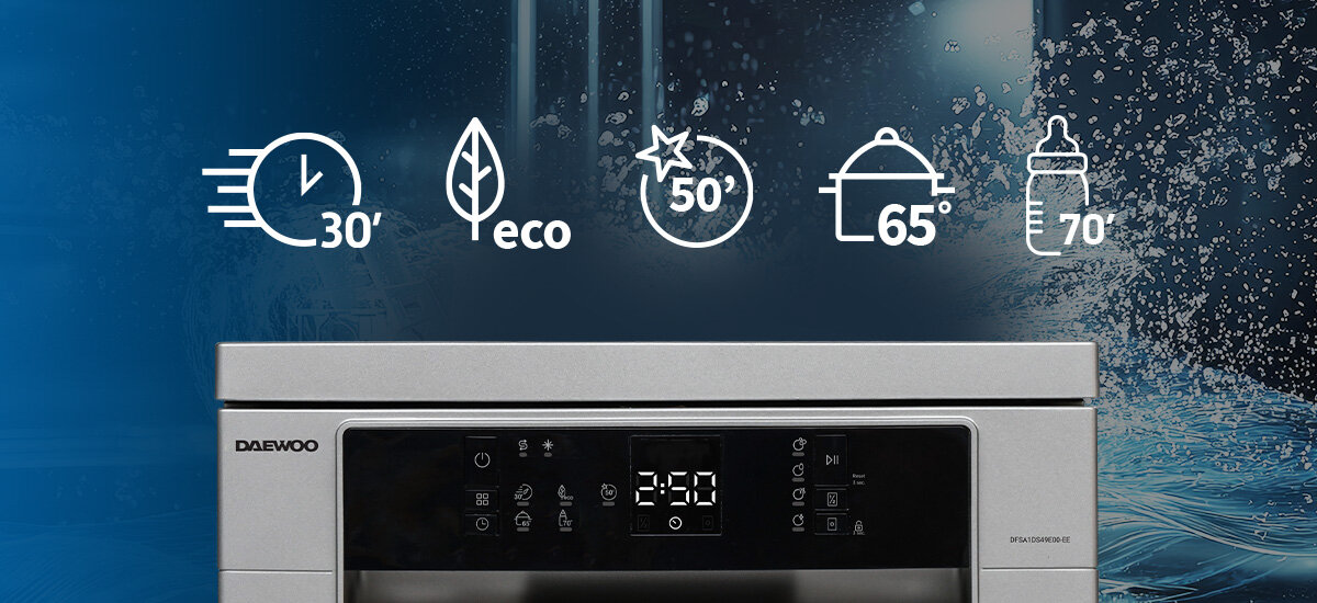 ZMYWARKA DAEWOO DFSA1DS49E00-EE Panel sterowania zmywarki Daewoo z ikonami programów, m.in. ECO, Quick 30' i Hygiene 70°C. Czytelny wyświetlacz ułatwia obsługę urządzenia 5 programów zmywania Quick 30 Eco Super 50 Intensive 65°C Hygiene 70°C