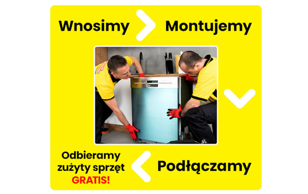 Dwóch mężczyzn w żółtych koszulkach i czerwonych rękawicach wnosi zmywarkę. Na żółtym tle widnieje tekst: \'Wnosimy\', \'Montujemy\', \'Podłączamy\', \'Odbieramy zużyty sprzęt GRATIS!\'.