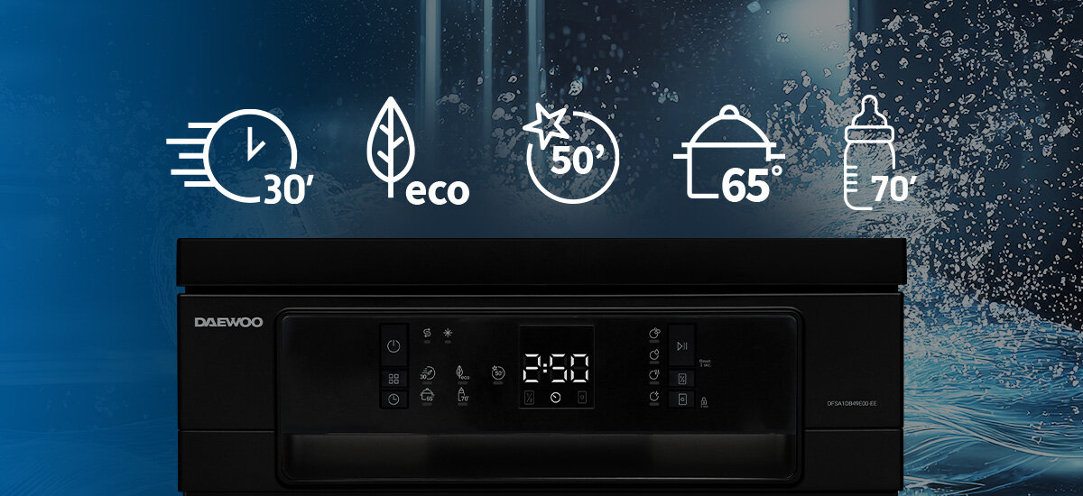 ZMYWARKA DAEWOO DFSA1DB49E00-EE Panel zmywarki prezentuje dostępne programy, m.in. ECO, Quick 30' i Hygiene 70°C. Czytelne ikony ułatwiają wybór ustawień 5 programów zmywania Quick 30 Eco Super 50 Intensive 65°C Hygiene 70°C