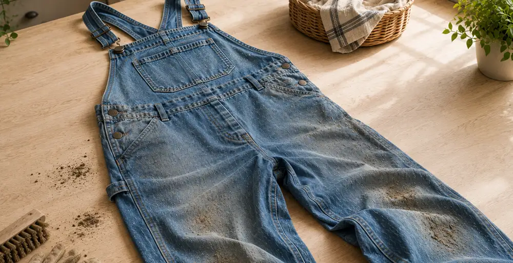 Na drewnianym stole leżą zabrudzone ogrodniczki jeansowe. Obok znajduje się kosz z tkaniną i rośliny doniczkowe.