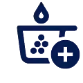 Ikona przedstawia ciemnoniebieski symbol pralki z plusem w okręgu.