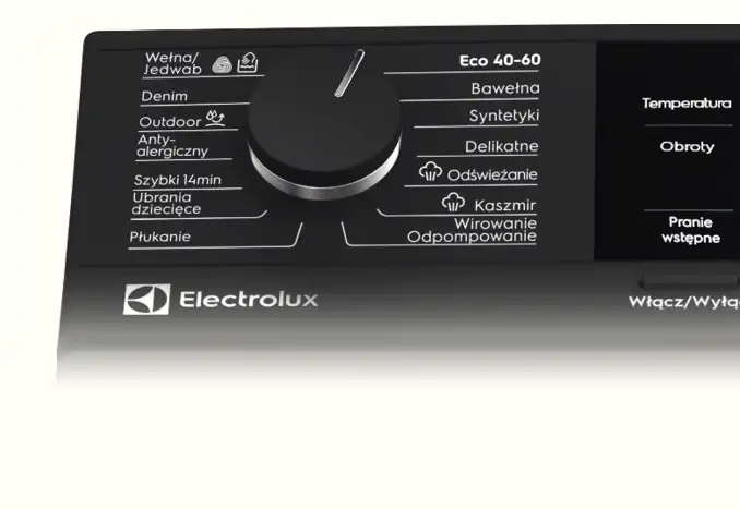Panel sterowania pralki z pokrętłem i różnymi programami prania, takimi jak \'Wełna/Jedwab\', \'Denim\', \'Outdoor\', \'Antyalergiczny\', \'Szybki 14min\', \'Ubrania dziecięce\', \'Płukanie\', \'Eco 40-60\', \'Bawełna\', \'Syntetyki\', \'Delikatne\', \'Odświeżanie\', \'Kaszmir\', \'Wirowanie\', \'Odpompowanie\'. Widoczne jest logo Electrolux.