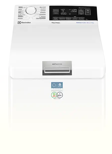 Pralka z panelem sterowania z wyświetlaczem cyfrowym i pokrętłem, oznaczona logo Electrolux. Widoczne są symbole dotyczące funkcji prania oraz napis \'SOFTACCESS\'.