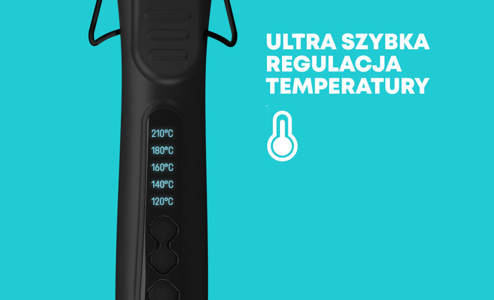 Czarna lokówka z wyświetlaczem pokazującym temperatury: 210°C, 180°C, 160°C, 140°C, 120°C. Obok napis \'ULTRA SZYBKA REGULACJA TEMPERATURY\' oraz ikona termometru na niebieskim tle.