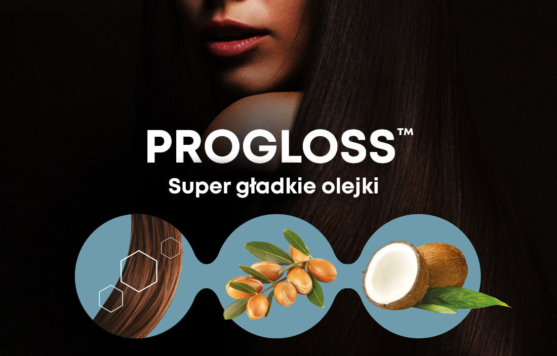 Obraz przedstawia fragment twarzy kobiety z długimi, gładkimi włosami. Na dole widnieje napis \'PROGLOSS™ Super gładkie olejki\' oraz ilustracje przedstawiające włosy, owoce i kokos.