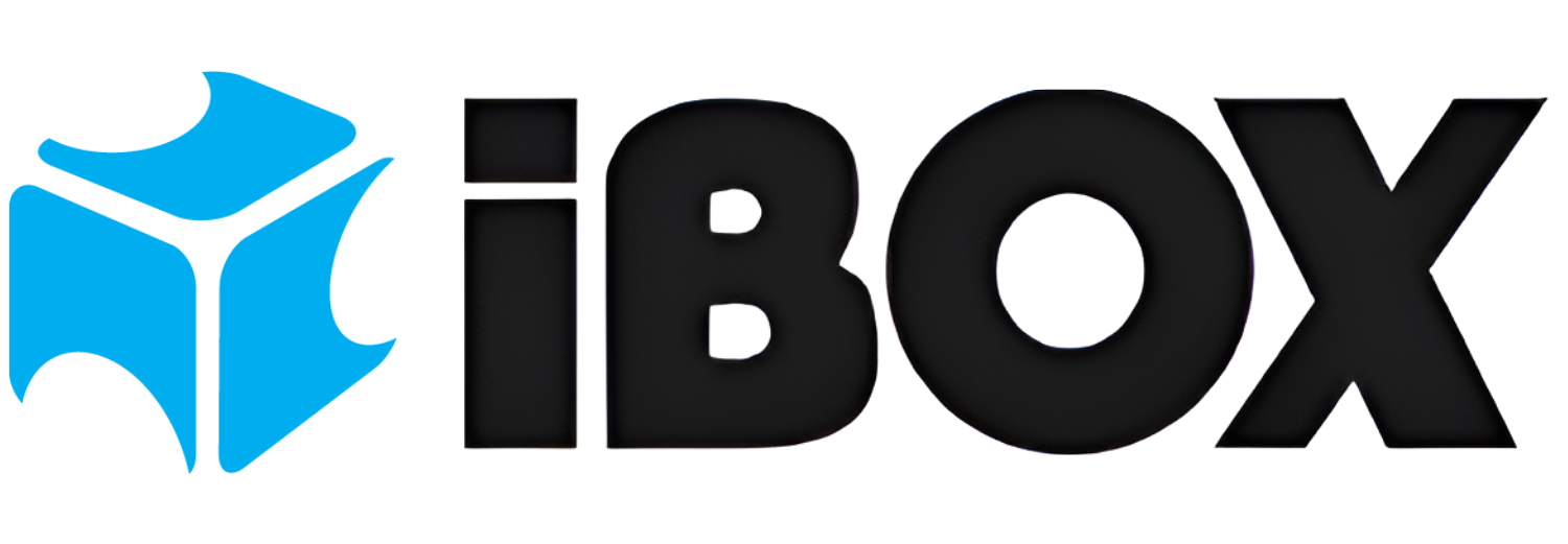 Logo z napisem \'iBOX\' obok niebieskiego symbolu przypominającego kostkę.