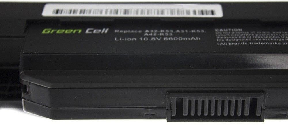 Bateria do laptopa GREENCELL AS05 6600 mAh akumulator został poddany szczegółowym testom jakościowym zabezpieczenie przed głębokim rozładowaniem i przeładowaniem
pojemność akumulatora wynosi 6600 mAh produkt ze zbliżeniem na wtyczkę do podłączenia baterii na białym tle