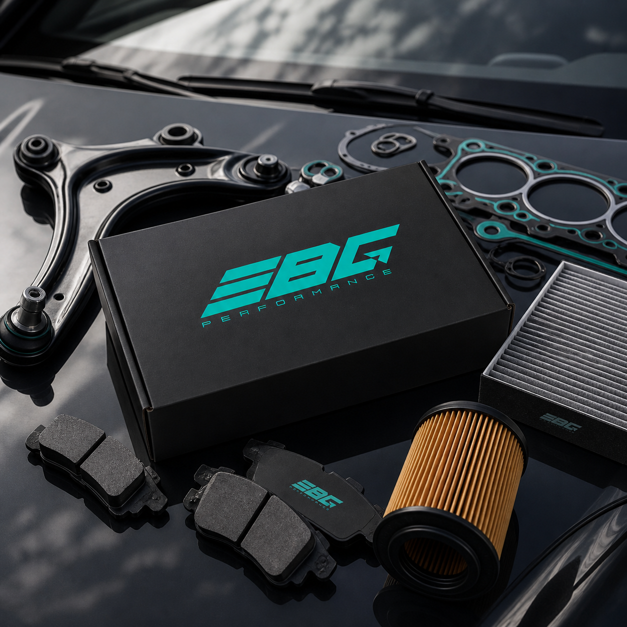 Na obrazie widoczne są części samochodowe, w tym filtry, klocki hamulcowe i uszczelki, ułożone na ciemnej powierzchni. Na czarnym pudełku znajduje się logo \'EBG PERFORMANCE\'.