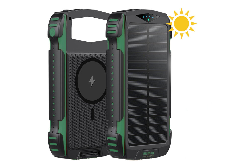Na obrazie widoczny jest zielony powerbank z panelami słonecznymi i symbolem ładowania bezprzewodowego. Obok powerbanka znajduje się ikona słońca, a na urządzeniu widoczny jest napis \'UltiMag\'.