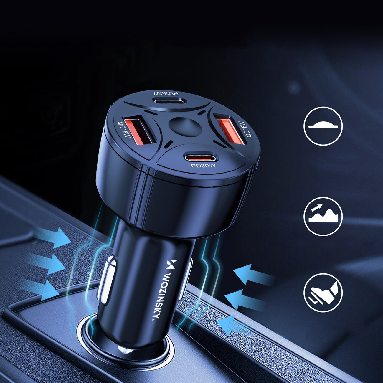 Czarna ładowarka samochodowa Wozinsky z czterema portami: dwoma USB-C oznaczonymi jako PD30W i dwoma USB-A oznaczonymi jako QC3.0 18W. Widoczne są również ikony sugerujące funkcje ładowarki oraz logo Wozinsky na obudowie.