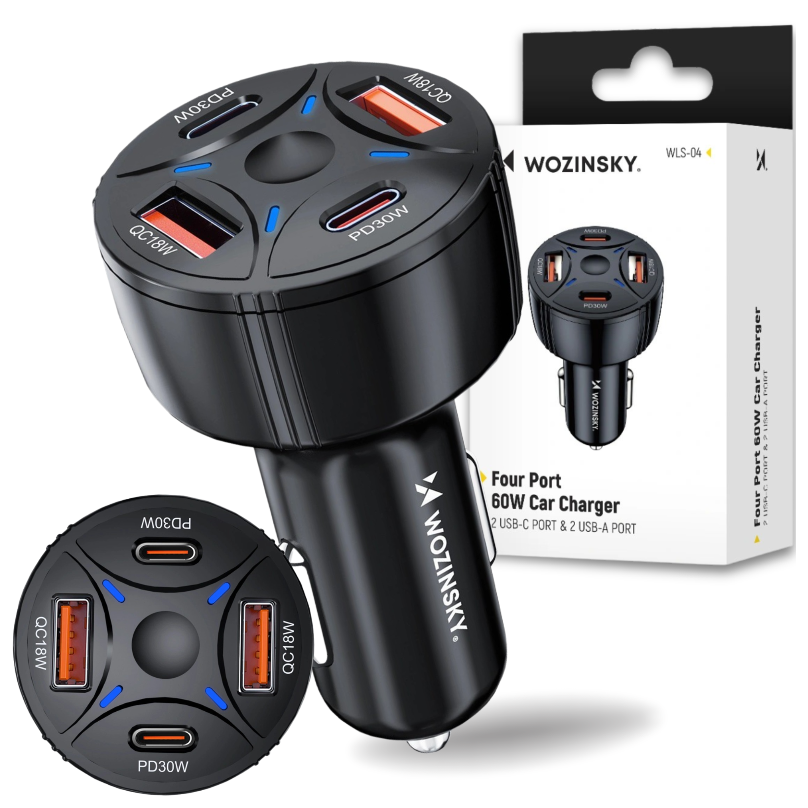Czarna ładowarka samochodowa z czterema portami: dwoma USB-C i dwoma USB-A, oznaczonymi jako PD30W i QC18W. Obok znajduje się opakowanie z logo \'Wozinsky\' i napisem \'Four Port 60W Car Charger\'.