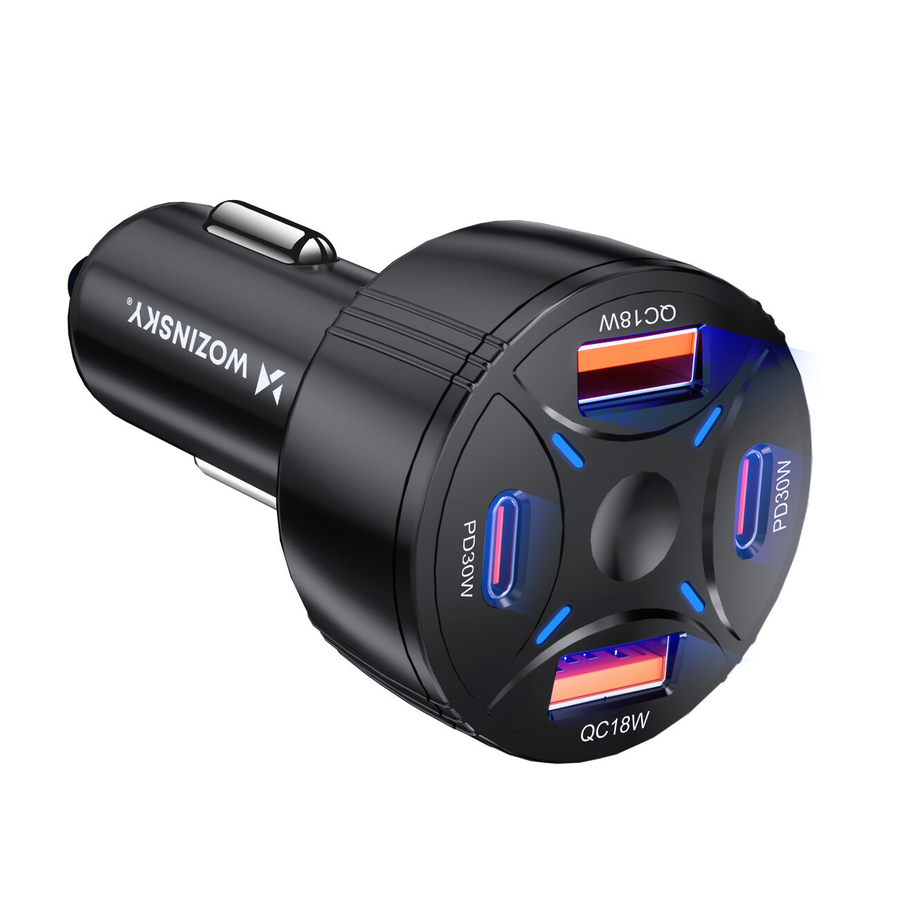 Czarna ładowarka samochodowa z czterema portami: dwoma USB-C oznaczonymi jako PD30W i dwoma USB-A oznaczonymi jako QC18W. Na obudowie widoczne jest logo \'WOZINSKY\'.