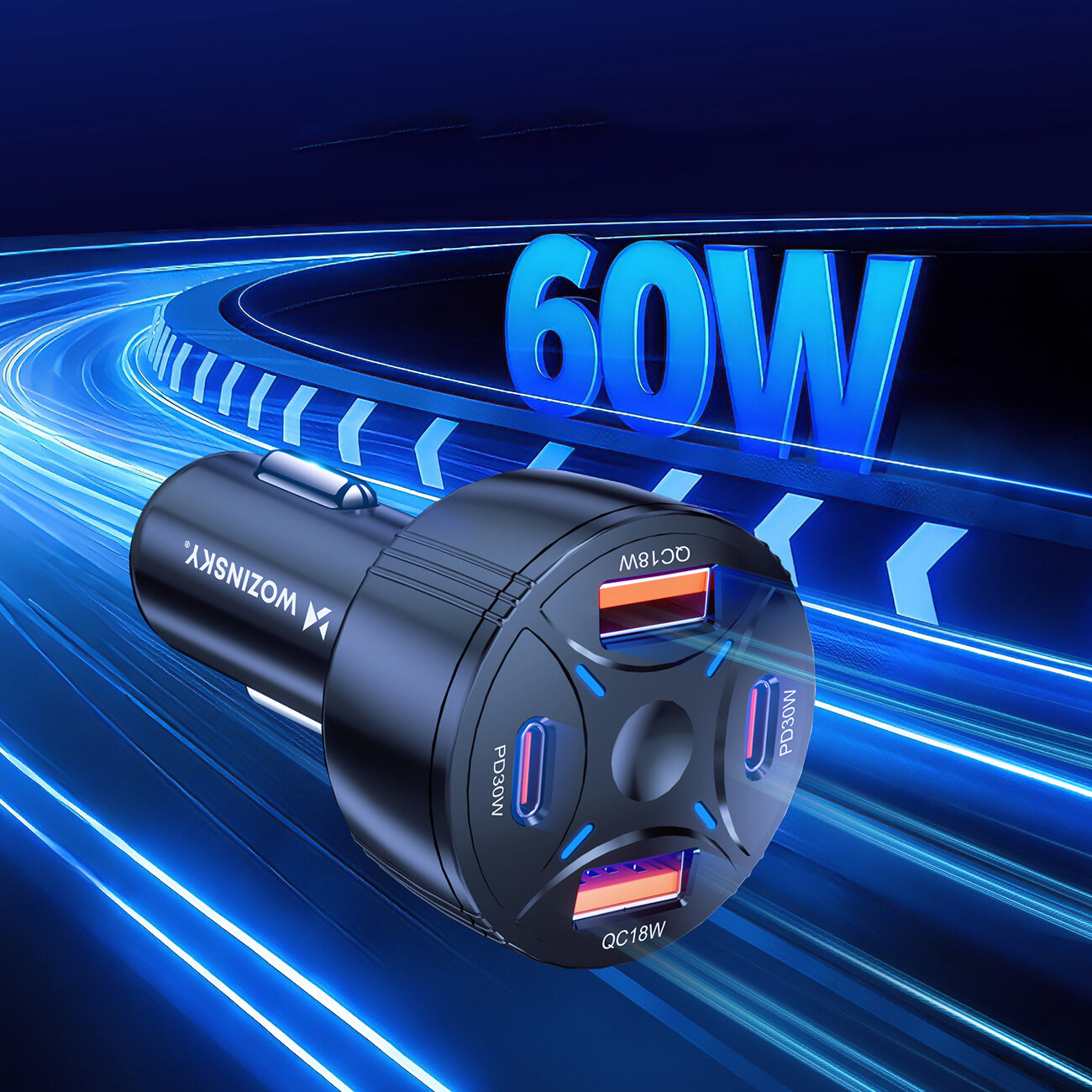 Czarna ładowarka samochodowa z czterema portami USB, oznaczonymi jako QC18W, PD30W, QC18W i PD30W. W tle widoczny jest napis \'60W\' oraz dynamiczna, niebieska grafika przypominająca drogę.