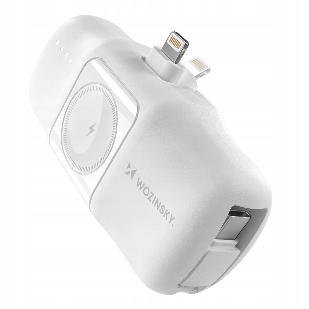 Biały powerbank z logo \'Wozinsky\', posiadający złącze Lightning i USB-C oraz okrągły symbol błyskawicy na powierzchni.
