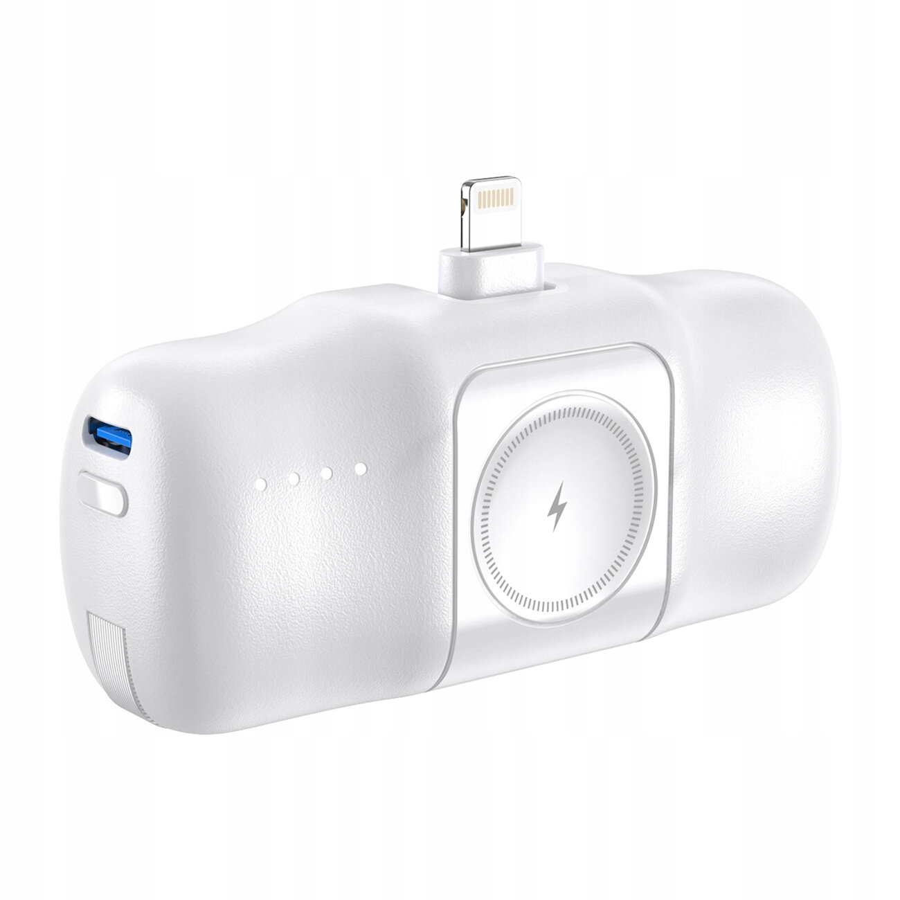 Biały powerbank z wtyczką Lightning i portem USB-C, posiada cztery diody LED oraz okrągły symbol błyskawicy na powierzchni. Produkt ma zaokrąglony kształt i gładką teksturę.