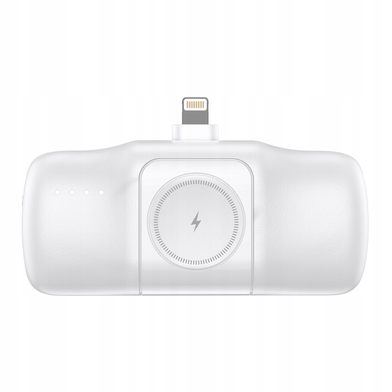 Biały powerbank z wtyczką Lightning i symbolem błyskawicy na środku. Po lewej stronie widoczne są cztery małe diody.
