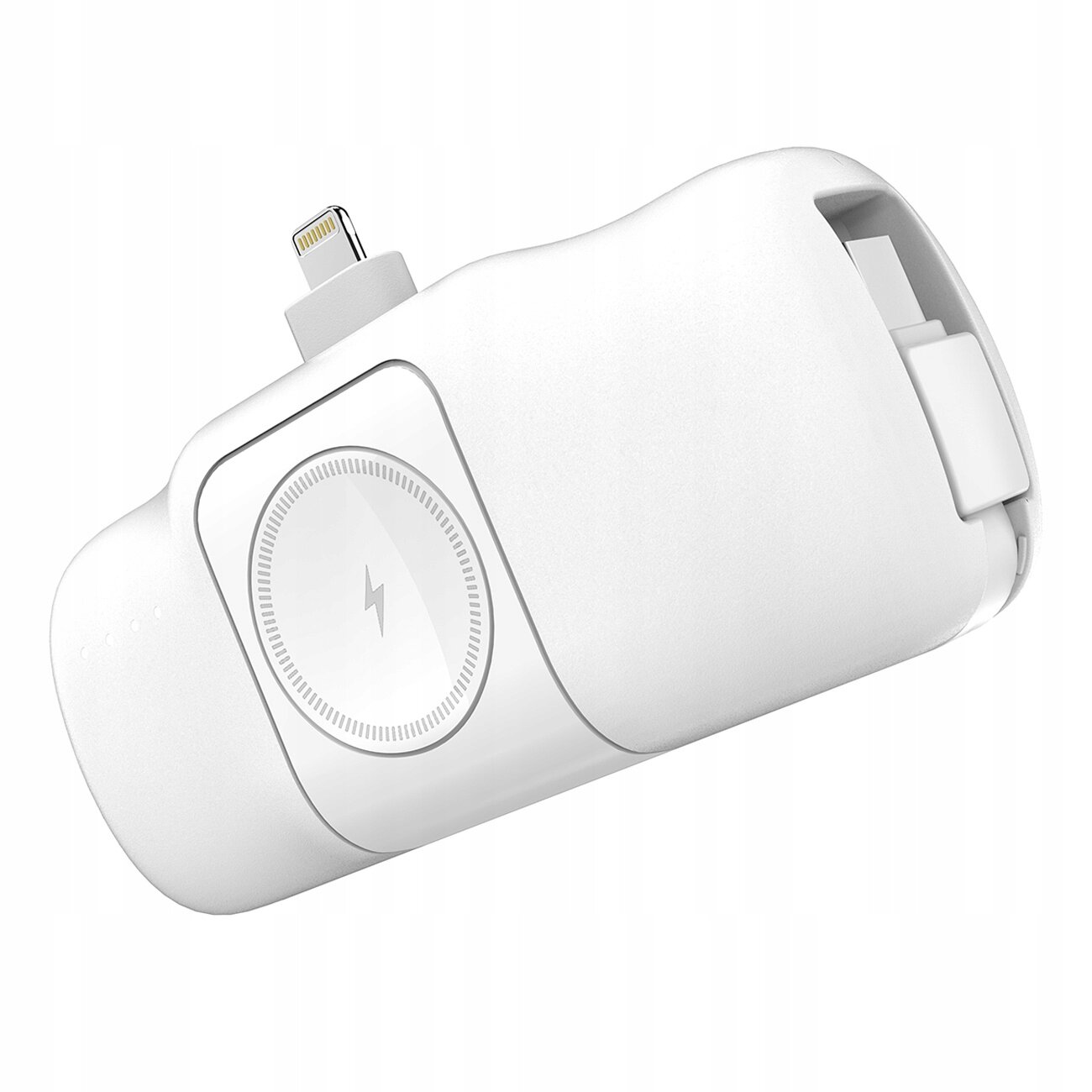 Biały powerbank z wbudowanym złączem Lightning i okrągłym miejscem do ładowania bezprzewodowego z symbolem błyskawicy.