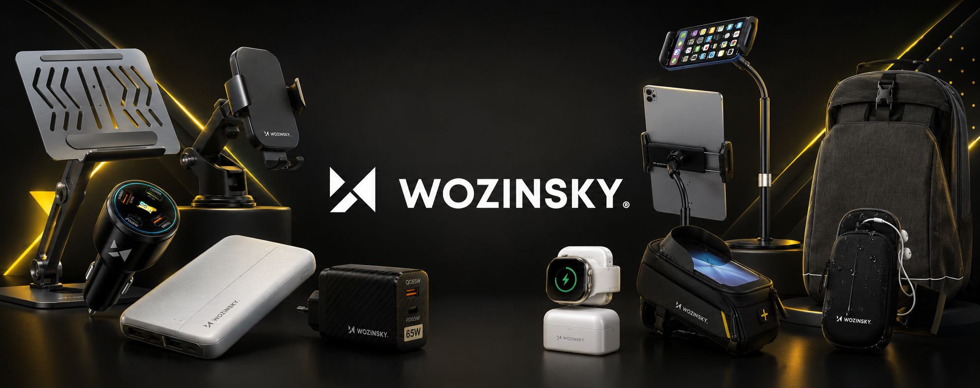 Na obrazie widoczne są różne akcesoria elektroniczne, takie jak uchwyty na telefon, powerbanki i plecak, z logo \'WOZINSKY\' na środku. Produkty są ustawione na ciemnym tle z żółtymi akcentami.