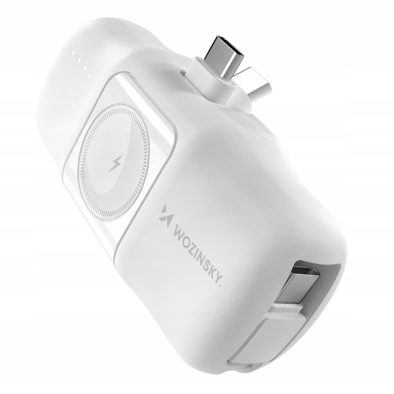 Biały powerbank z logo \'WOZINSKY\', posiadający porty USB i Typ C oraz okrągłe miejsce do ładowania bezprzewodowego. Na obudowie widoczne są trzy małe diody sygnalizacyjne.