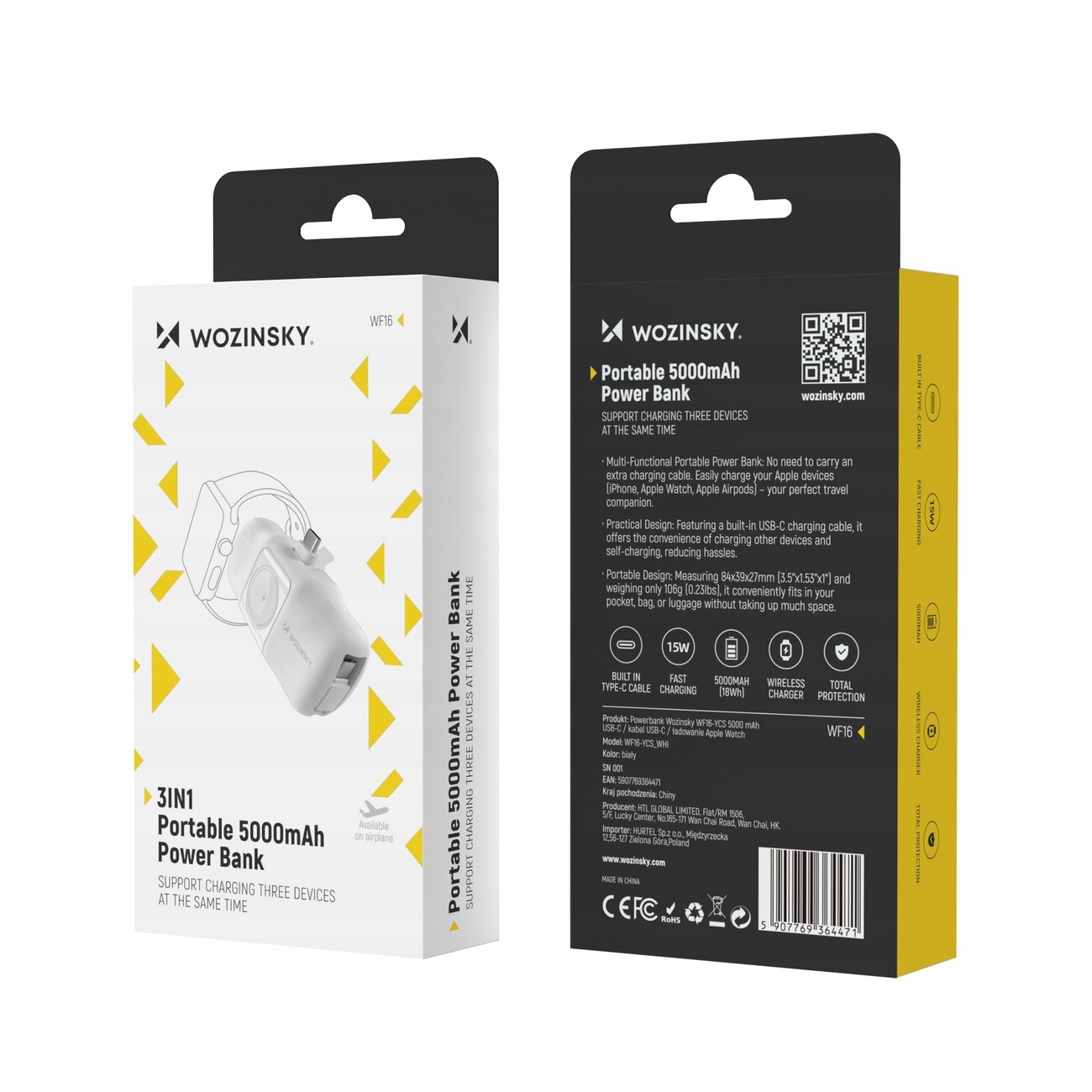 Opakowanie produktu Wozinsky 3IN1 Portable 5000mAh Power Bank z grafiką przedstawiającą urządzenie oraz tekstem informacyjnym. Na odwrocie opakowania znajdują się szczegóły techniczne i kod QR.