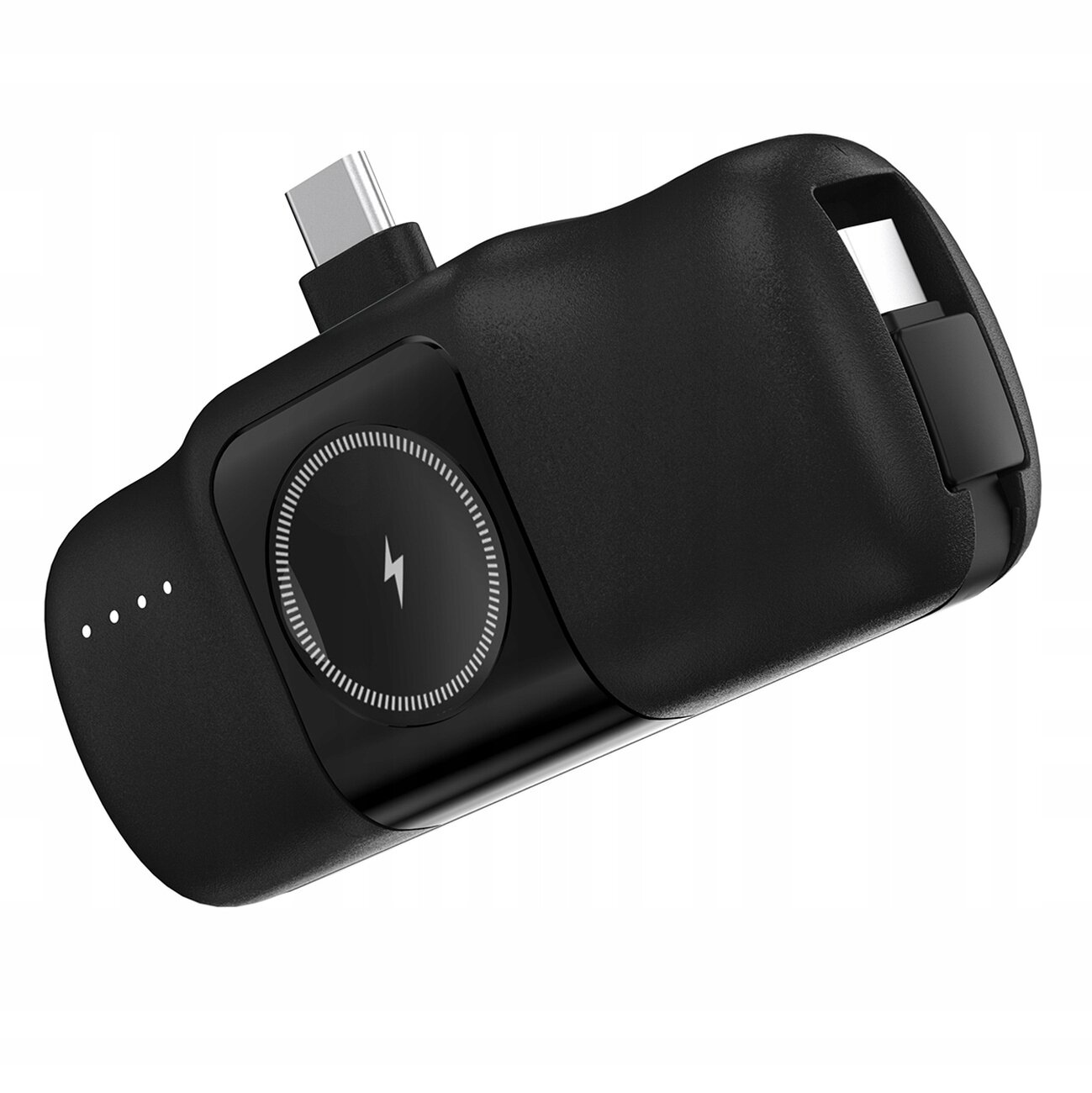 Czarny powerbank z wbudowanym złączem USB-C i okrągłym panelem z symbolem błyskawicy. Na obudowie widoczne są cztery diody wskazujące poziom naładowania.