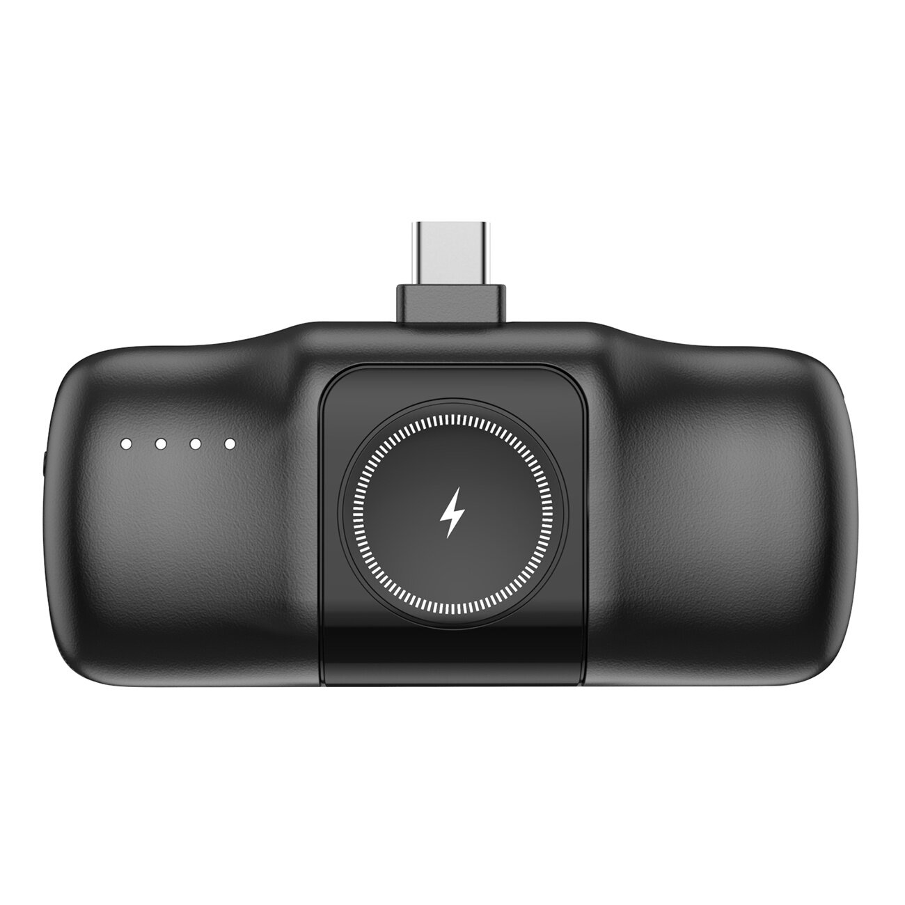 Czarny powerbank z wbudowanym złączem USB-C i okrągłym symbolem błyskawicy na środku. Po lewej stronie widoczne są cztery małe diody LED.