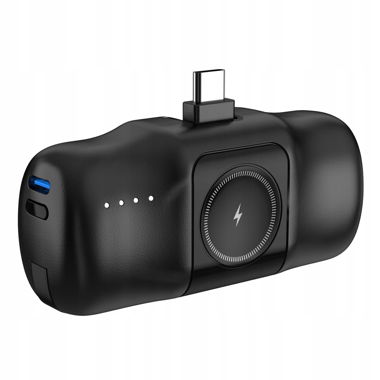 Czarny powerbank z wbudowanym złączem USB-C i okrągłym miejscem do ładowania bezprzewodowego. Na obudowie znajdują się cztery diody LED oraz port USB.