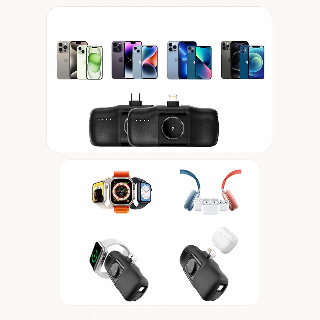 Obraz przedstawia różne modele smartfonów oraz czarny powerbank z portem Lightning i wskaźnikami LED. W dolnej części widoczne są smartwatche, słuchawki oraz powerbank z funkcją ładowania zegarka.