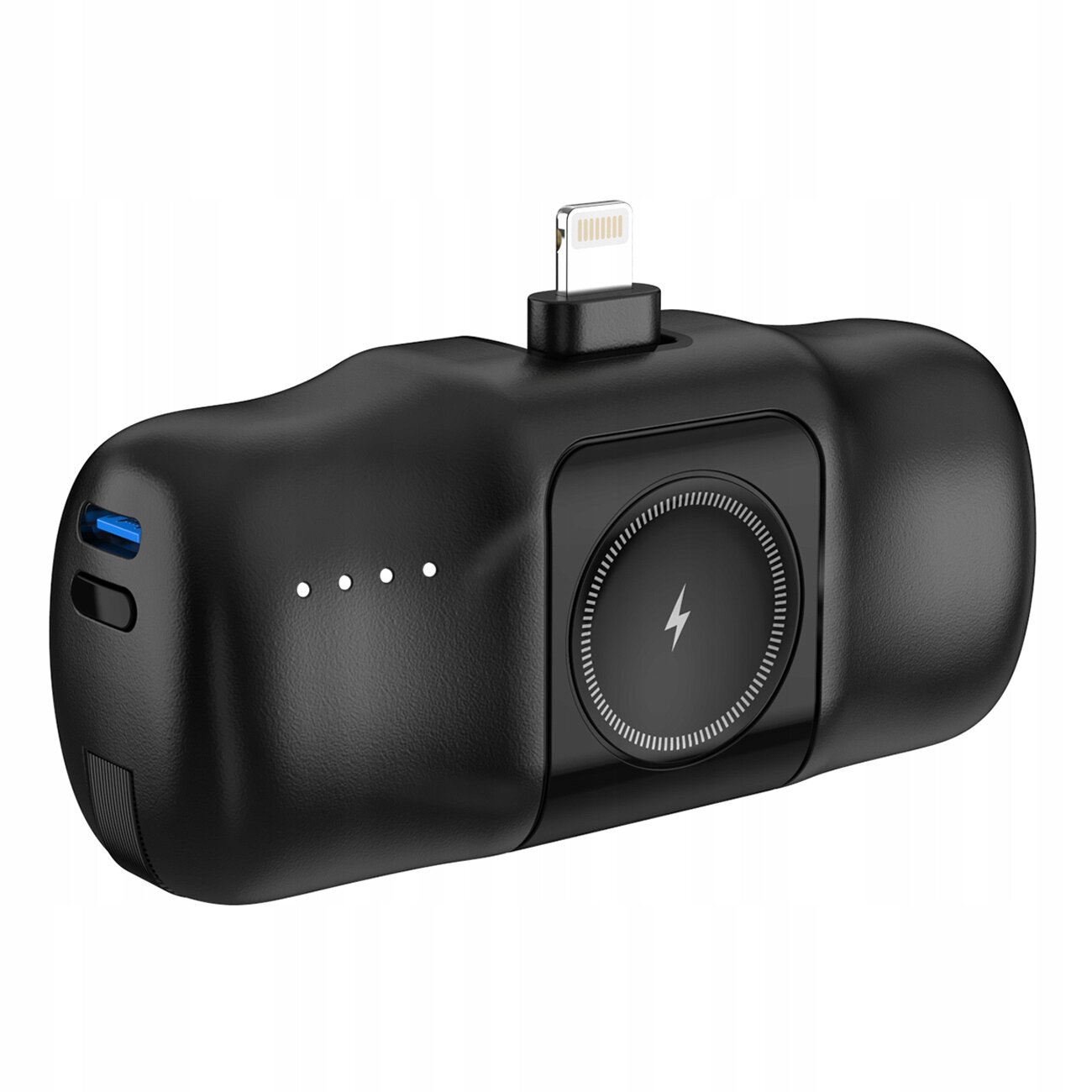 Czarny powerbank z wbudowanym złączem Lightning i okrągłym miejscem do ładowania bezprzewodowego. Na obudowie znajdują się cztery diody LED oraz port USB-C.