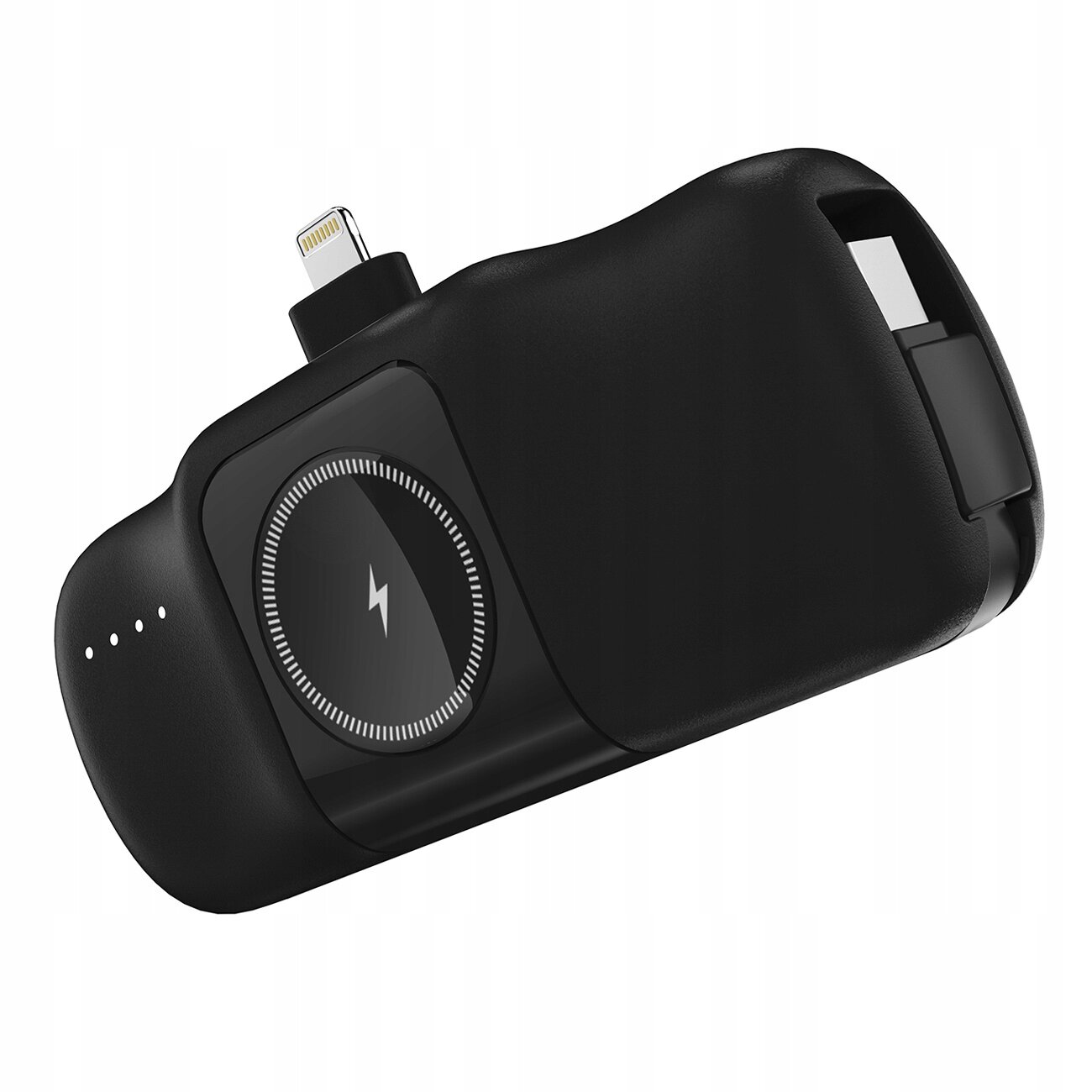 Czarny powerbank z wbudowanym złączem Lightning i okrągłym panelem z symbolem błyskawicy. Na obudowie widoczne są cztery małe diody LED.