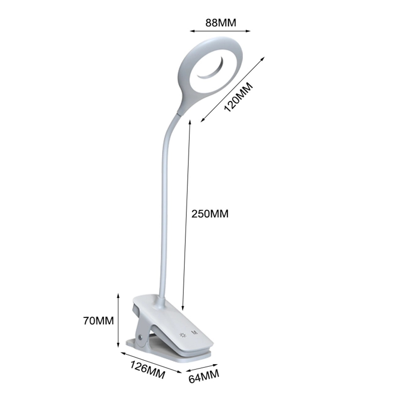 Biała lampka LED z klipsem, posiada elastyczne ramię i okrągłą głowicę. Wymiary to 88mm, 120mm, 250mm, 70mm, 126mm, 64mm.
