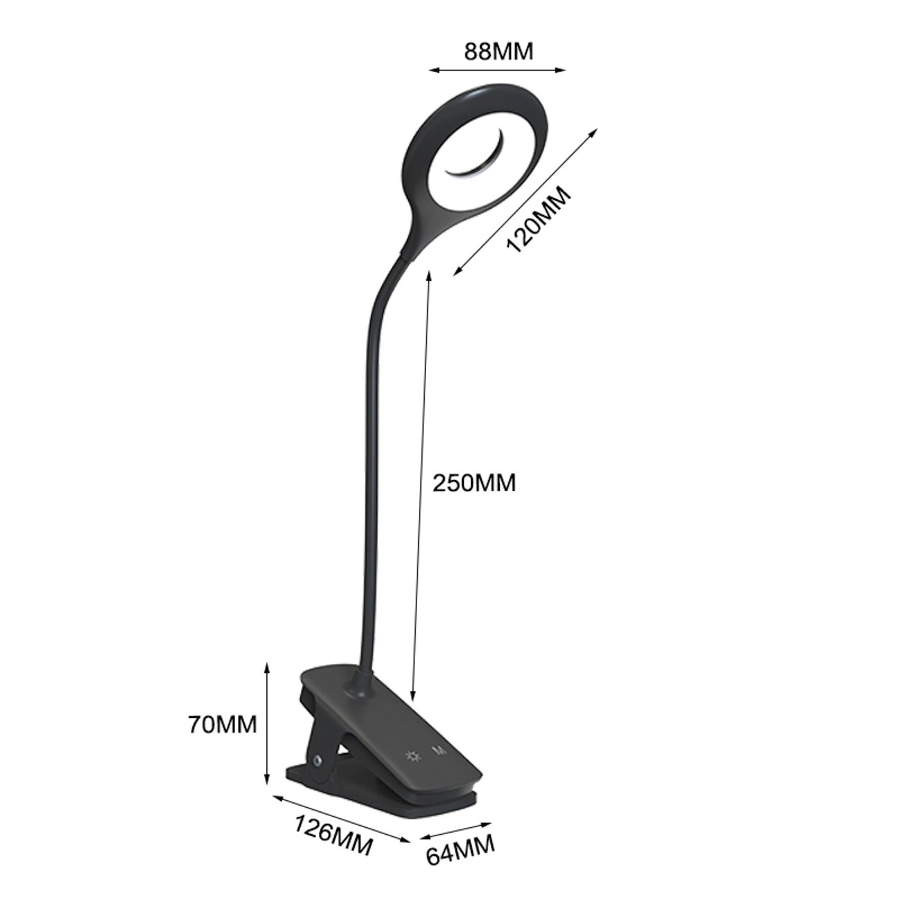 Czarna, bezprzewodowa lampka LED z klipsem, posiadająca elastyczne ramię i okrągłą głowicę. Wymiary to 88MM x 120MM x 250MM, a klips ma wymiary 126MM x 64MM x 70MM.