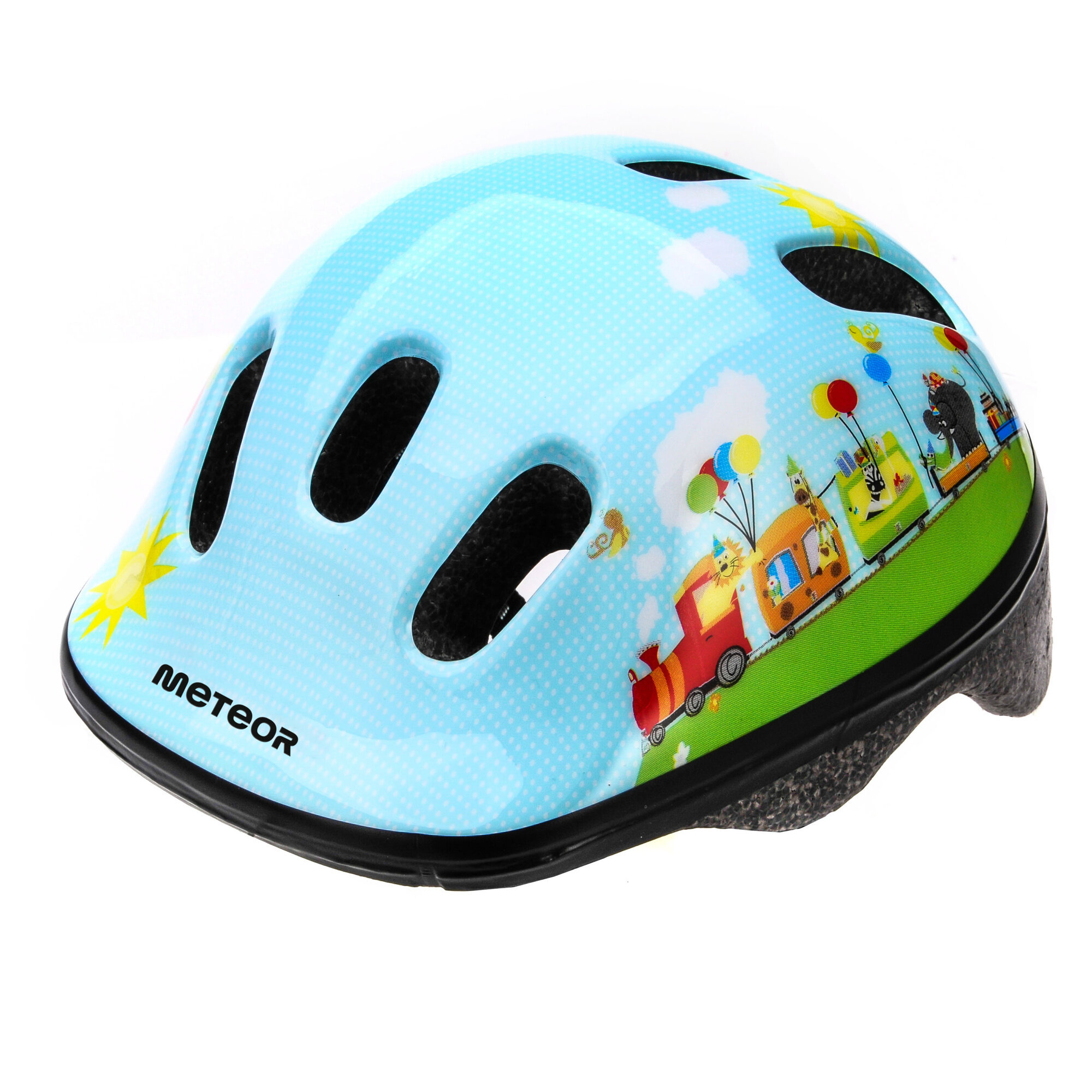 Dziecięcy kask rowerowy w kolorze niebieskim z kolorowym motywem pociągu i balonów. Na kasku widoczne jest logo \'METEOR\'.