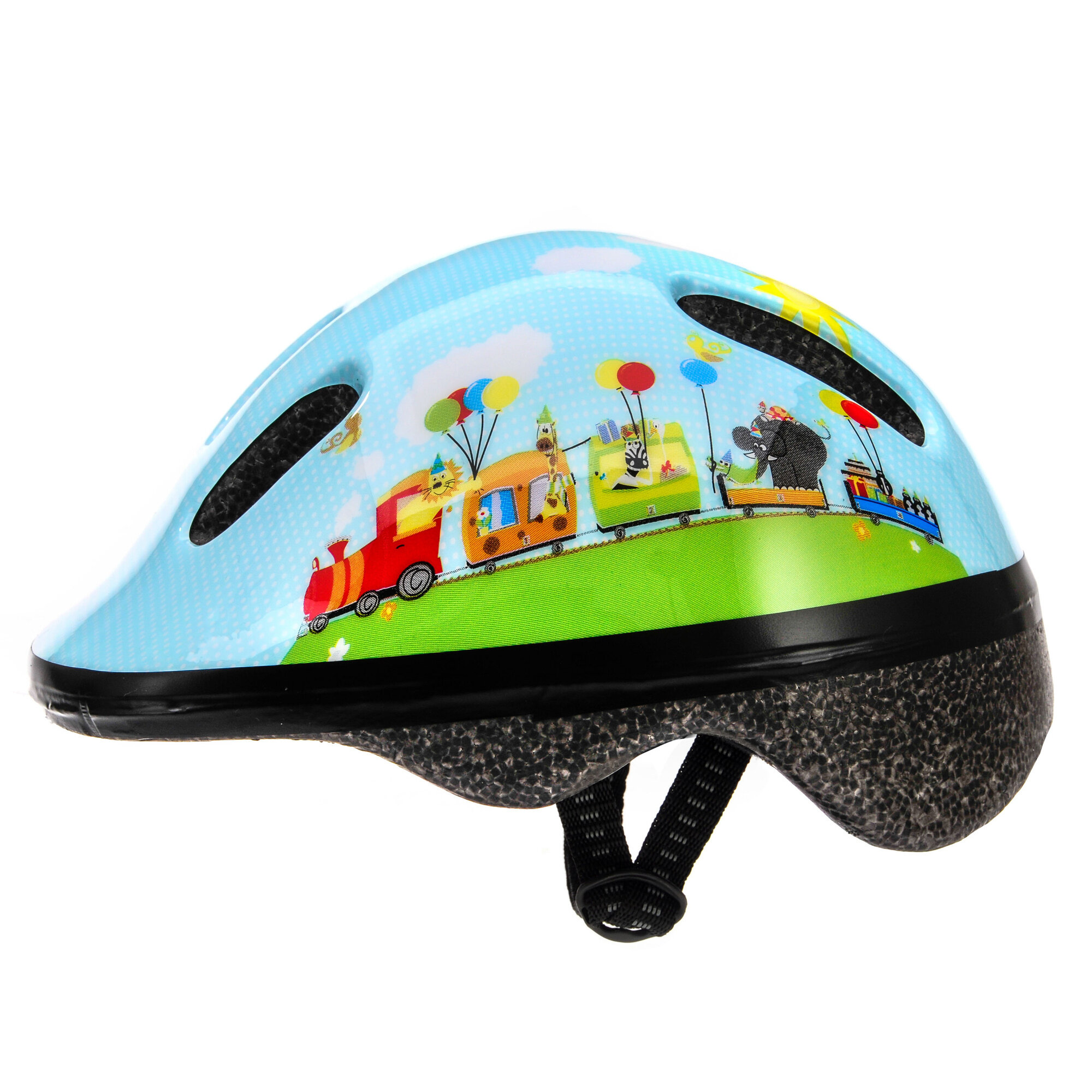 Dziecięcy kask rowerowy z kolorowym motywem pociągu i balonów na niebieskim tle. Kask posiada otwory wentylacyjne i czarny pasek pod brodą.