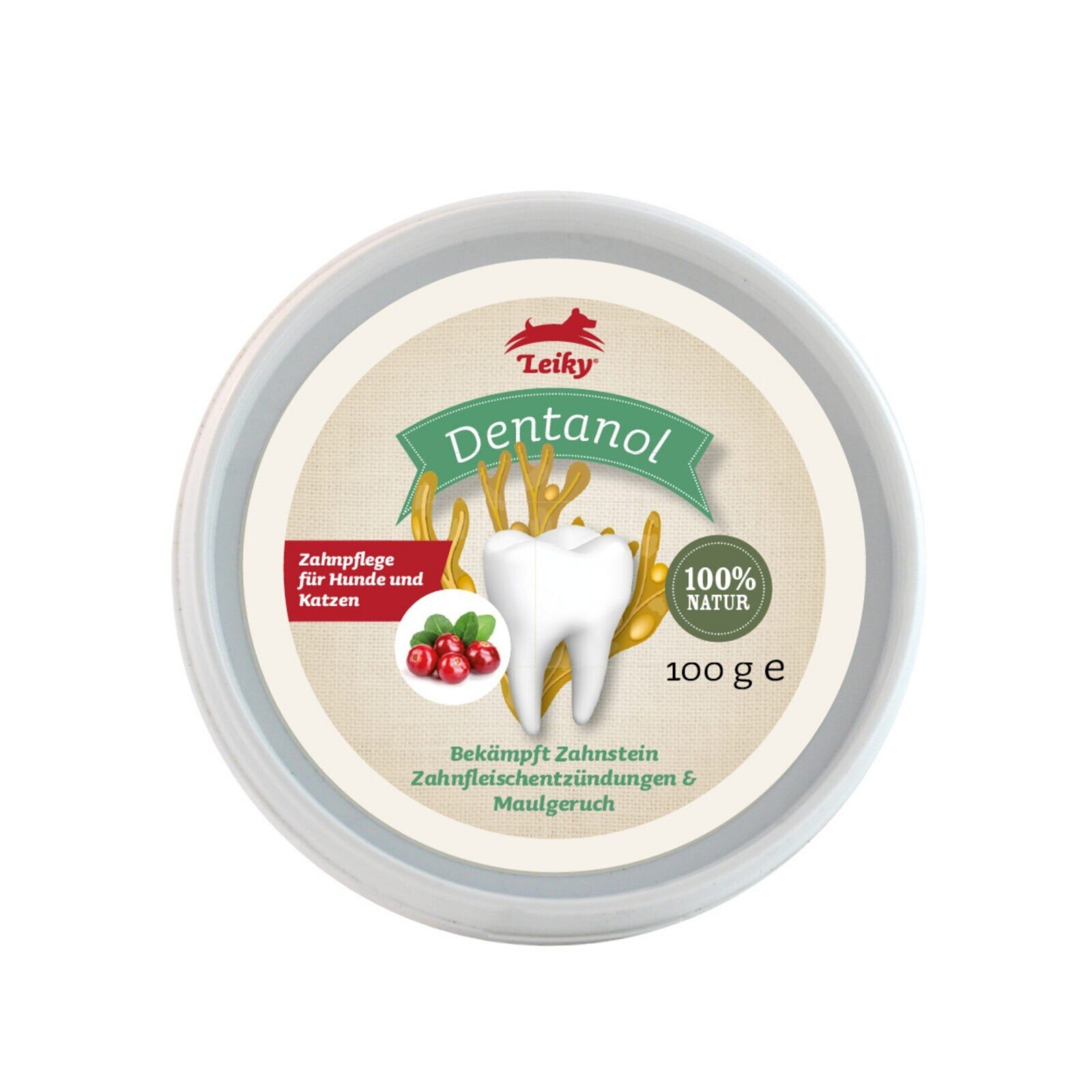 Opakowanie produktu Dentanol z logo Leiky, przedstawiające ząb oraz owoce. Na etykiecie widnieje tekst: \'Zahnpflege für Hunde und Katzen\', \'100% NATUR\', \'100 g e\', \'Bekämpft Zahnstein Zahnfleischentzündungen & Maulgeruch\'.