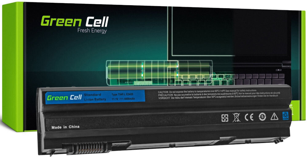 Bateria do laptopa GREENCELL T54FJ 4400 mAh akumulator zastępuje
baterie 04NW9, 09K6P, 0HCJWT zgodność z oryginalnymi akumulatorami produkt oraz jego opakowanie na białym tle