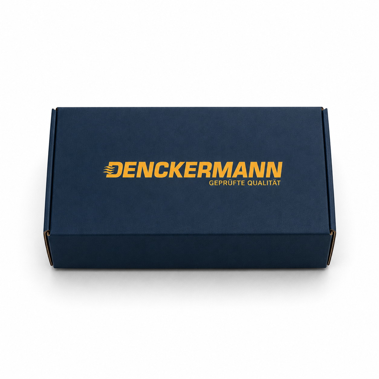 Na obrazie widoczny jest ciemnoniebieski karton z żółtym napisem \'DENCKERMANN GEPRÜFTE QUALITÄT\'.