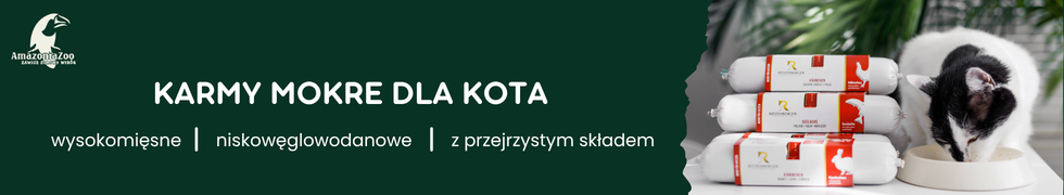 Na ciemnozielonym tle widnieje logo Amazing Zoo oraz napis \'KARMY MOKRE DLA KOTA\'. Po prawej stronie znajduje się stos opakowań karmy oraz kot jedzący z miski.