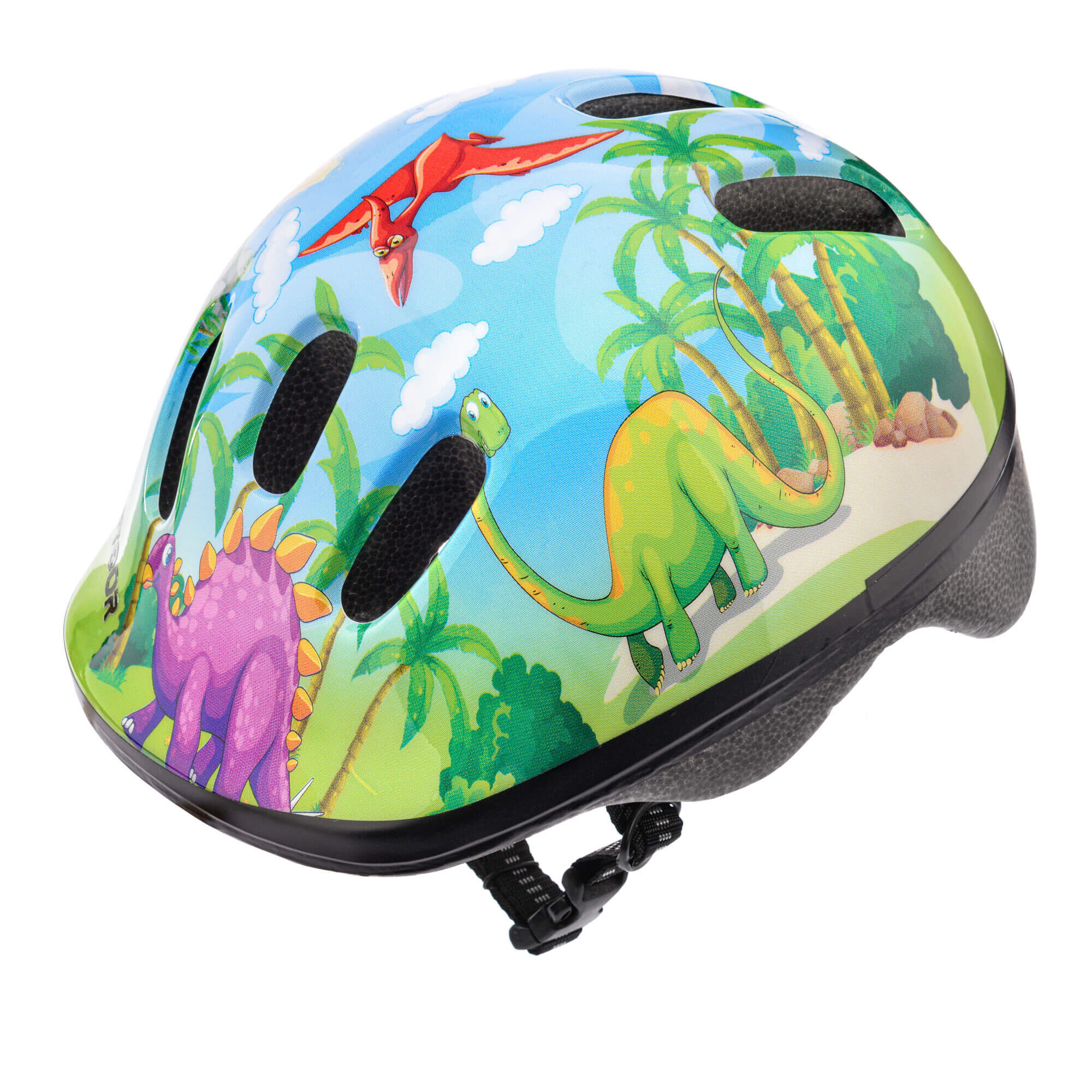 Kask rowerowy dziecięcy z kolorowym motywem dinozaurów na tle zielonego krajobrazu. Posiada otwory wentylacyjne i regulowane zapięcie pod brodą.