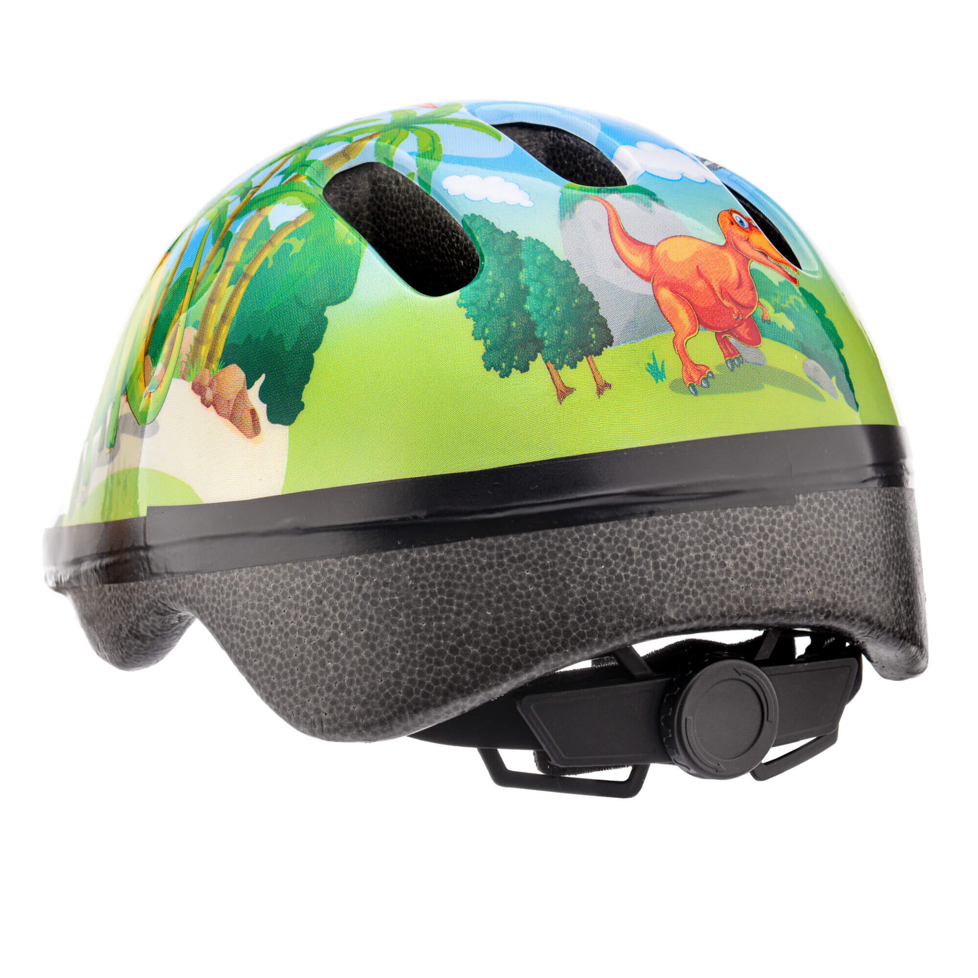 Kask rowerowy dziecięcy z kolorowym motywem dinozaura i roślinności, posiada regulację rozmiaru. Wykonany z materiału ochronnego z otworami wentylacyjnymi.